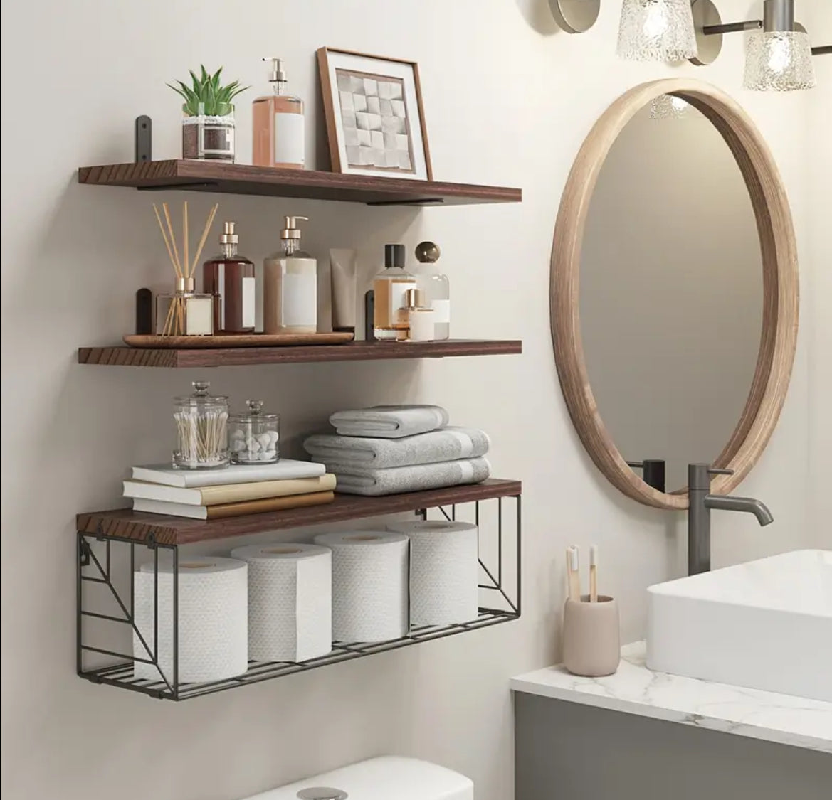 Rustic Floating Wall Shelf Set with Metal Storage Rack