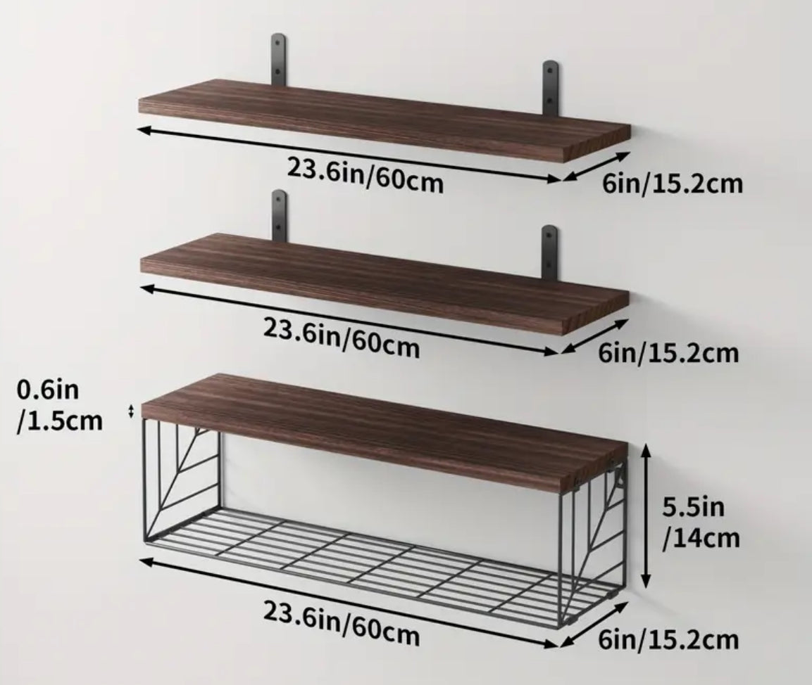 Rustic Floating Wall Shelf Set with Metal Storage Rack