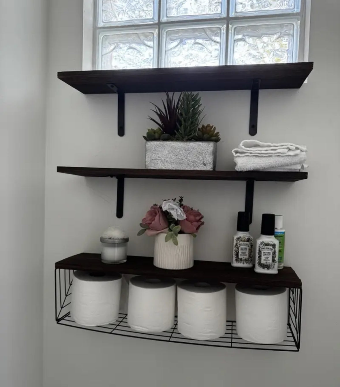 Rustic Floating Wall Shelf Set with Metal Storage Rack