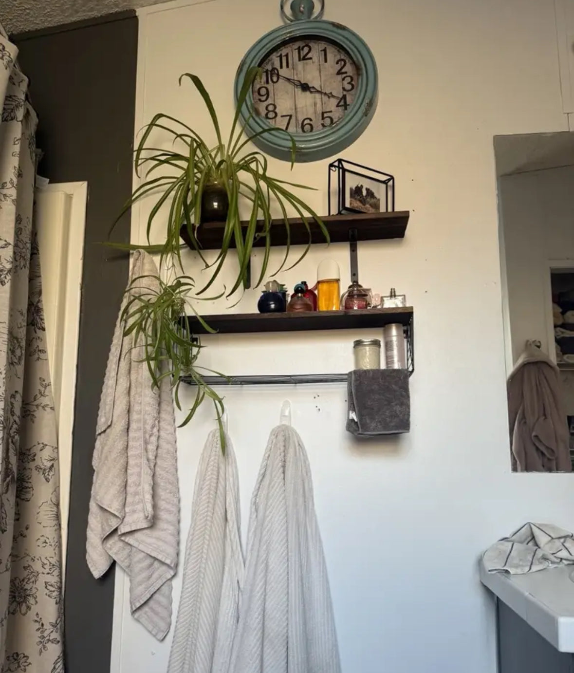 Rustic Floating Wall Shelf Set with Metal Storage Rack